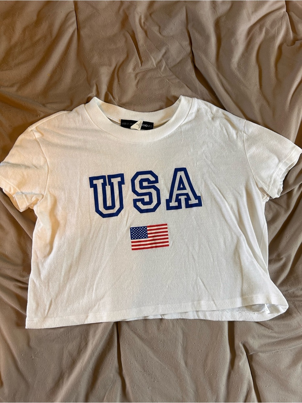 Brandy Melville White Crop Top with Blue USA Letters and Red Flag